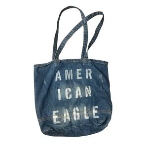 American Eagle Denim Tote Bag Distressed Blue Canvas Graphic Print Shoulder Bag‎